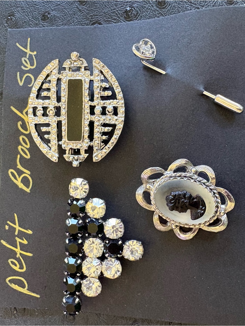 Vintage Petite Brooch Set - Silver & Black Decorative Pins